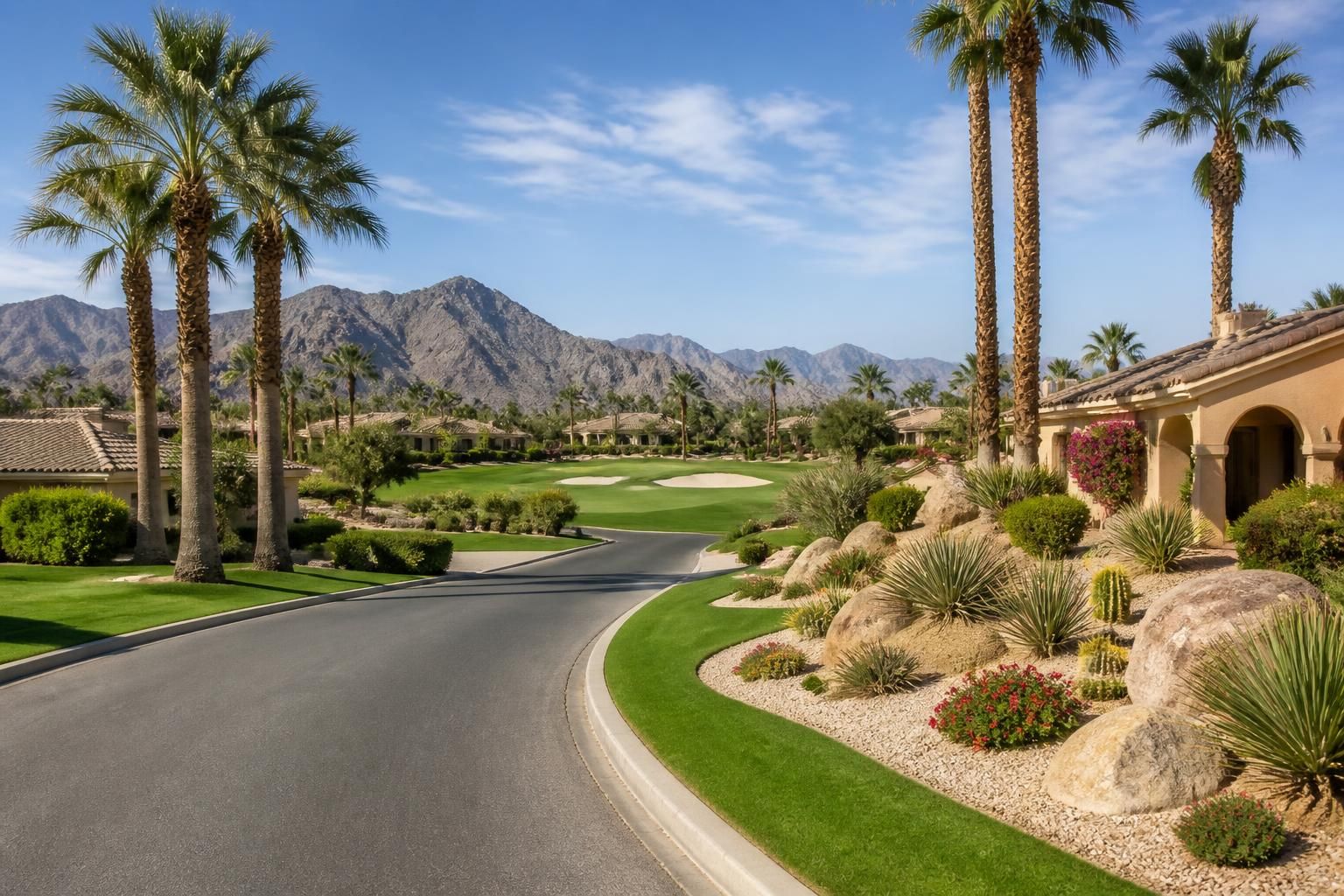 Golf-course neighborhood with palms and manicured lawns.