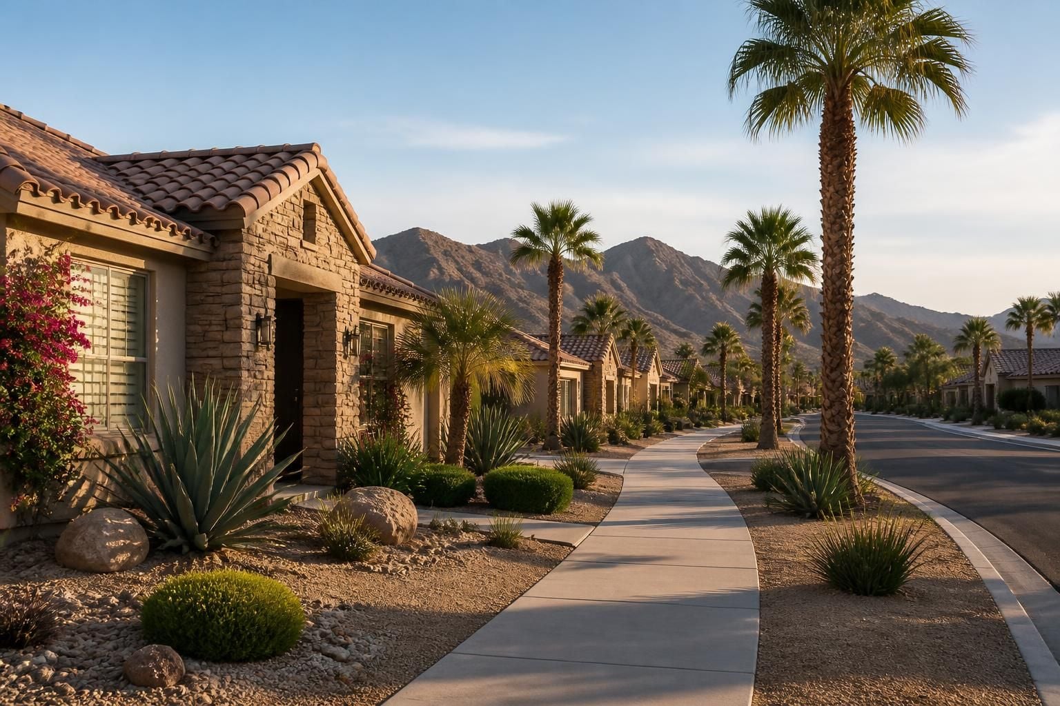 Palm-lined desert neighborhood with clean sidewalks and homes.