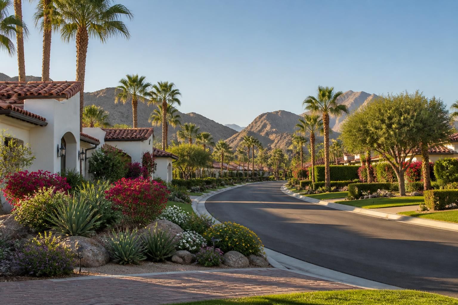 Desert community with palms and neatly kept landscaping.