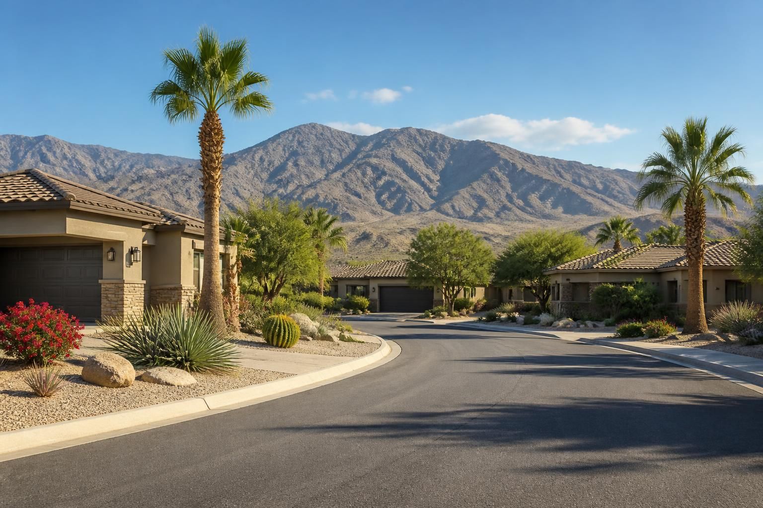 Clean desert neighborhood with palms and mountain views.