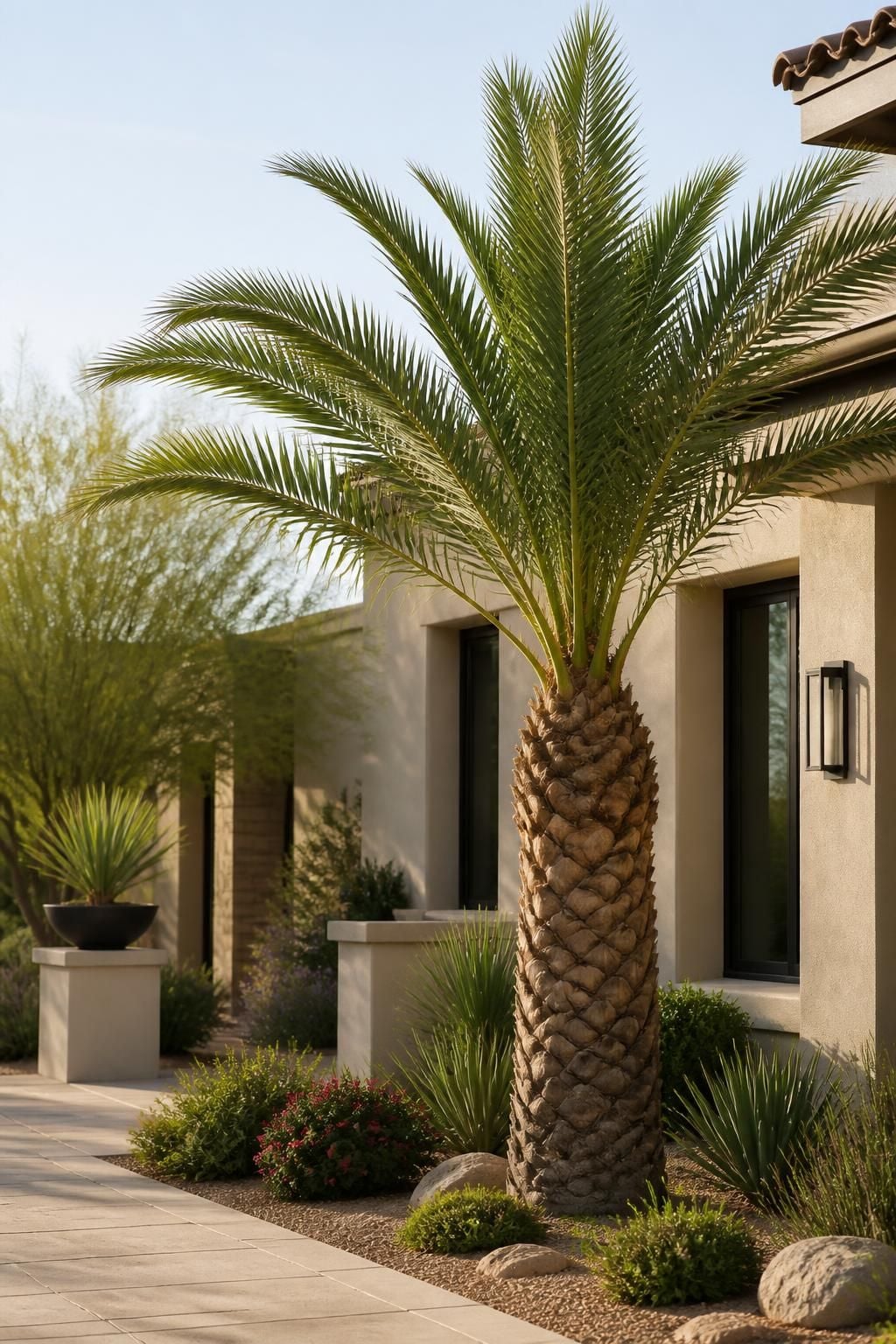 A trimmed palm beside a clean, well-kept desert home exterior.