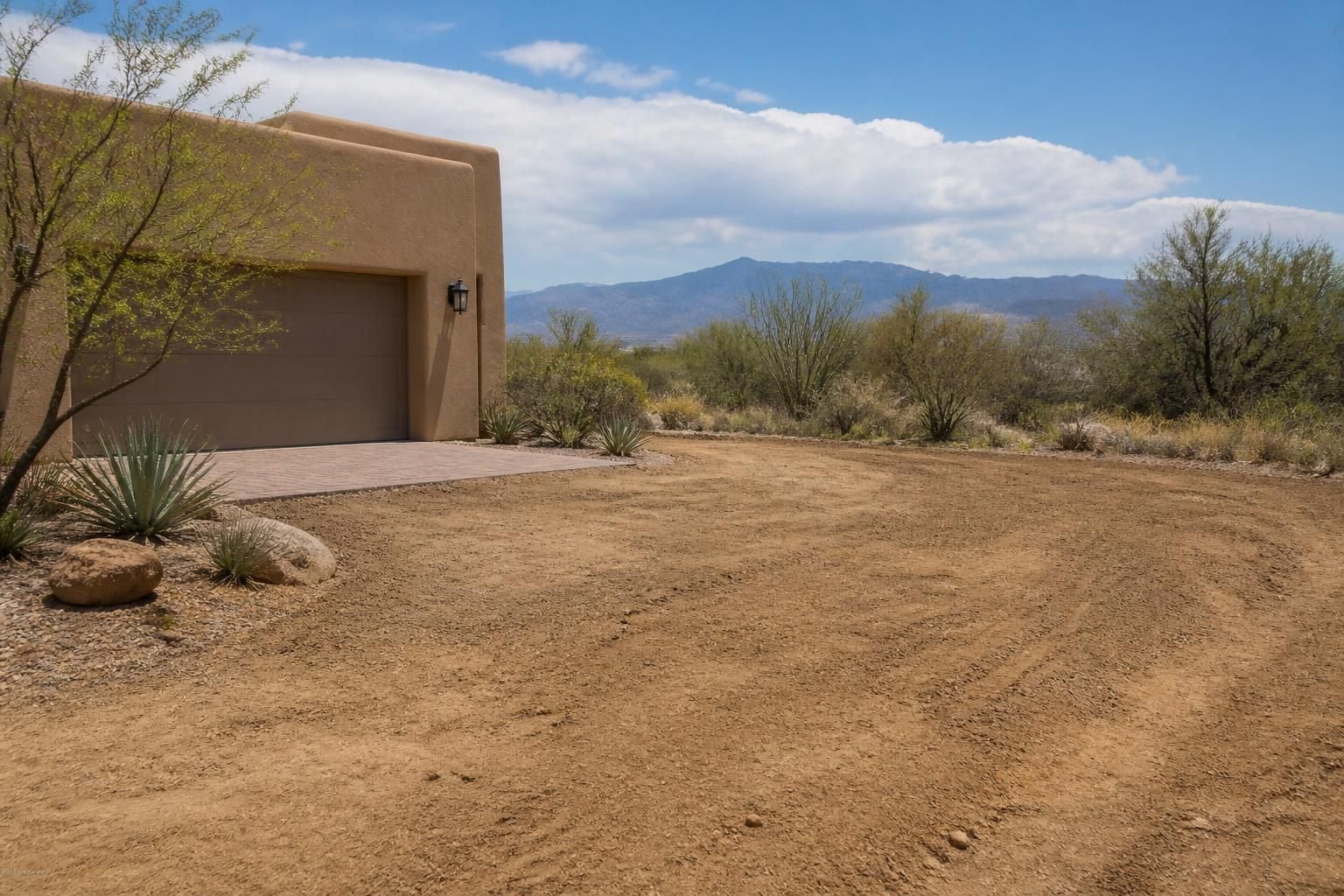 Cleared storm-damaged tree area on a desert property.