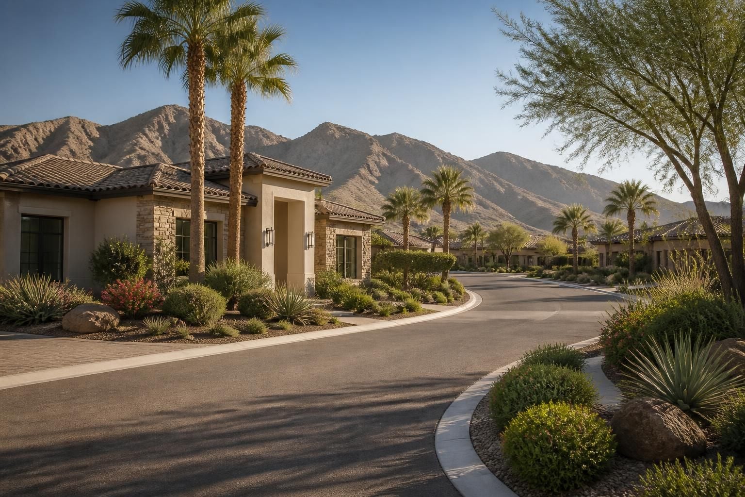 Elegant desert community street with palms and landscaped homes.