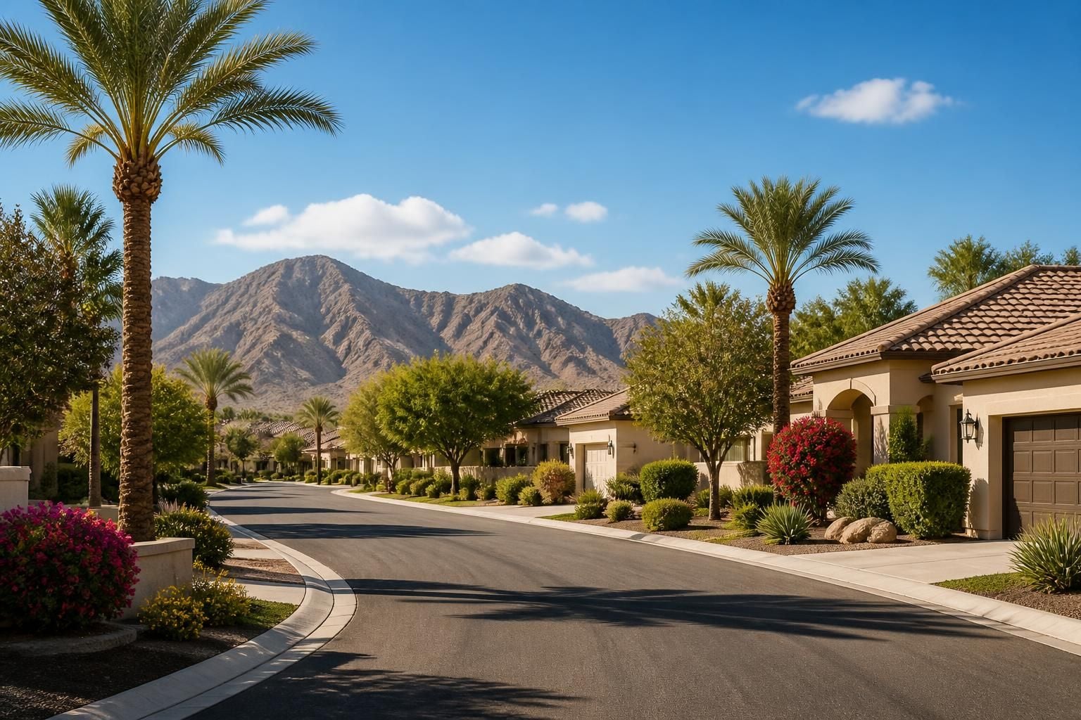 Palm-lined suburban street with tidy desert landscaping.
