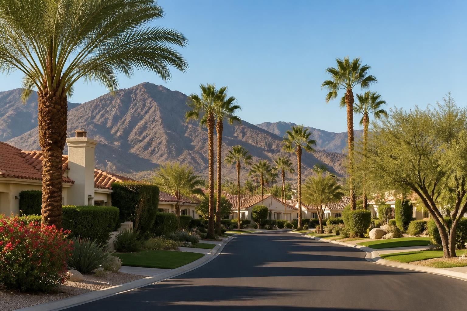 Desert neighborhood with palms, mountains, and maintained yards.