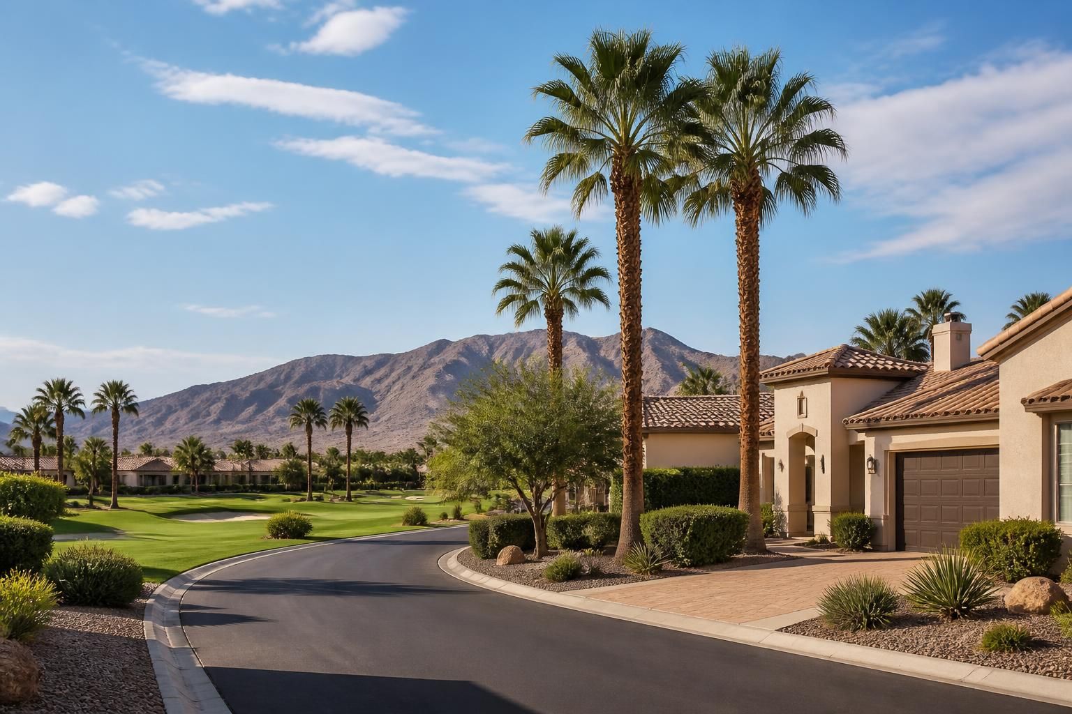 Desert residential community with palms and clean streets.