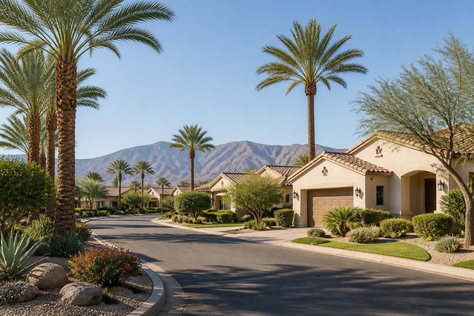 Sunlit desert neighborhood with mature palm trees and tidy landscaping.
