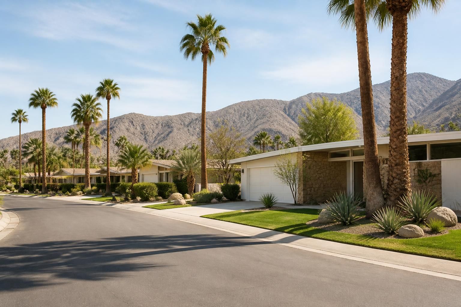 Sunlit Palm Springs neighborhood with iconic palms and homes.