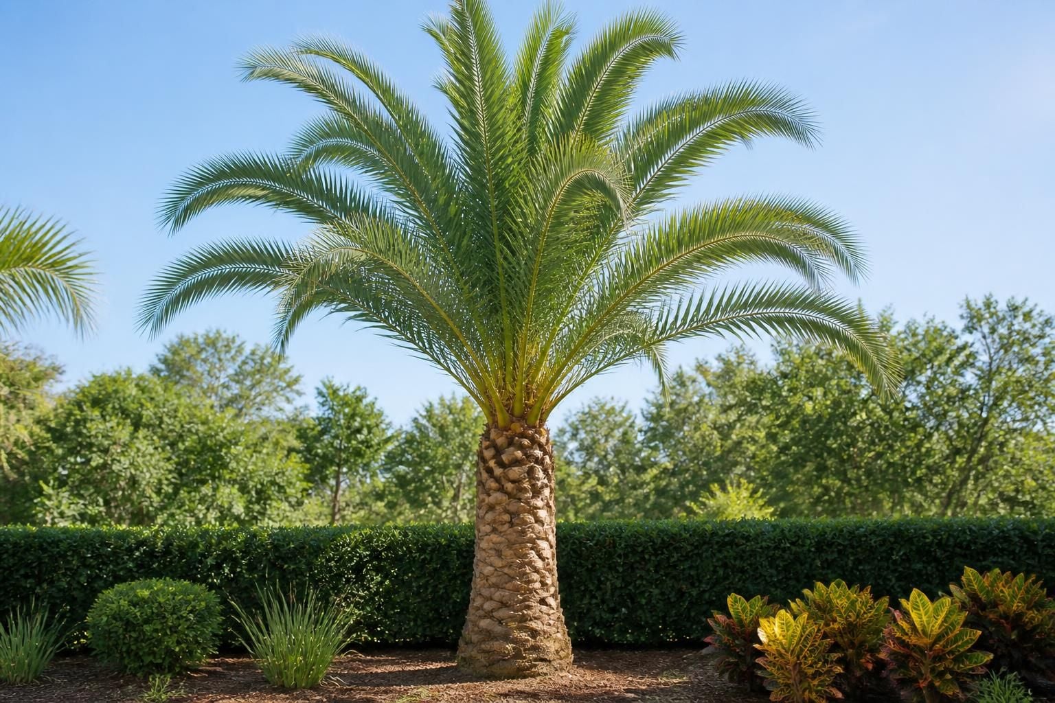 Pruned palm tree with a healthy, tidy appearance.