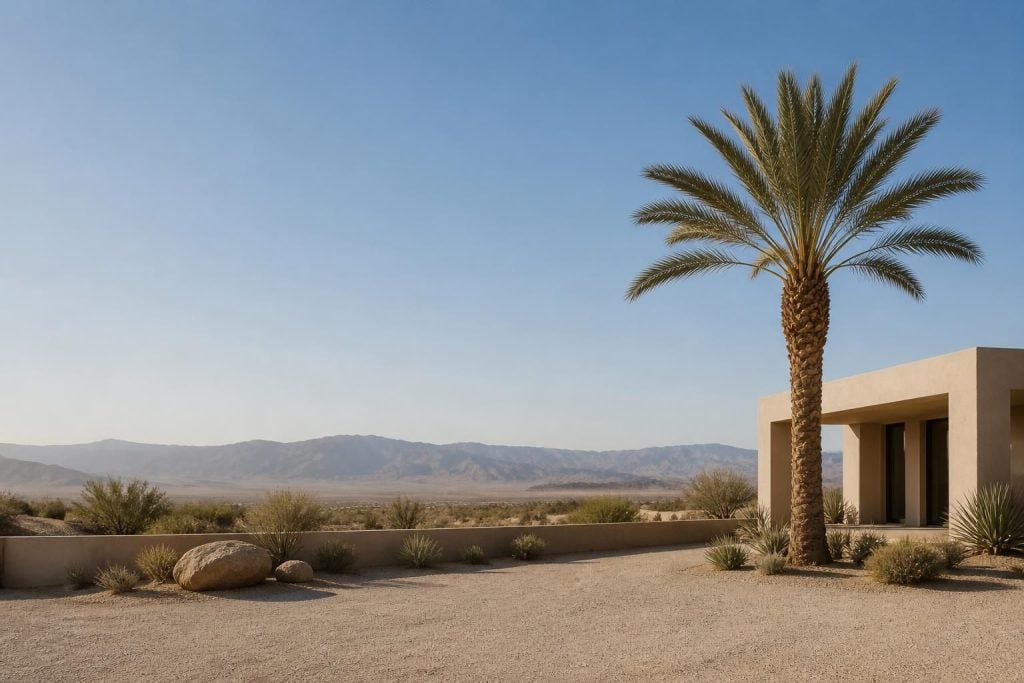 Well-pruned palm tree with open sky and space for text.