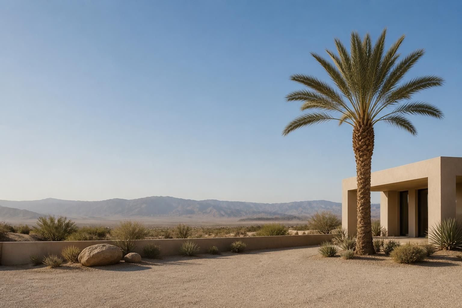 Well-pruned palm tree with open sky and space for text.
