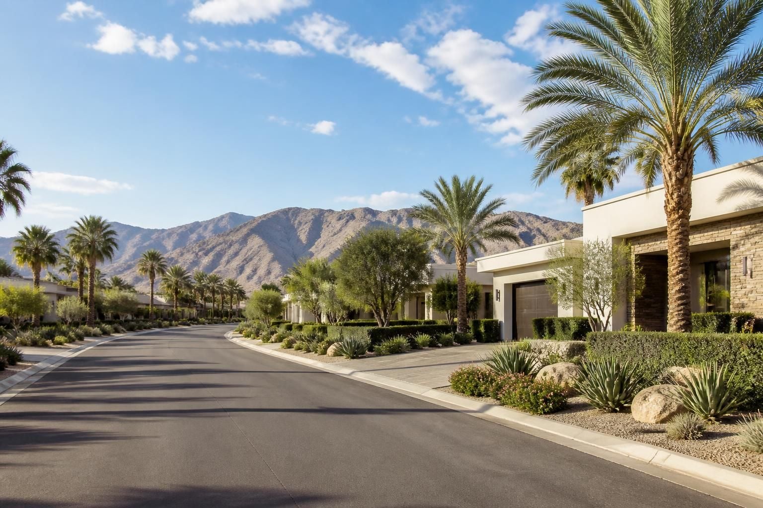 Upscale desert street with manicured palms and modern homes.
