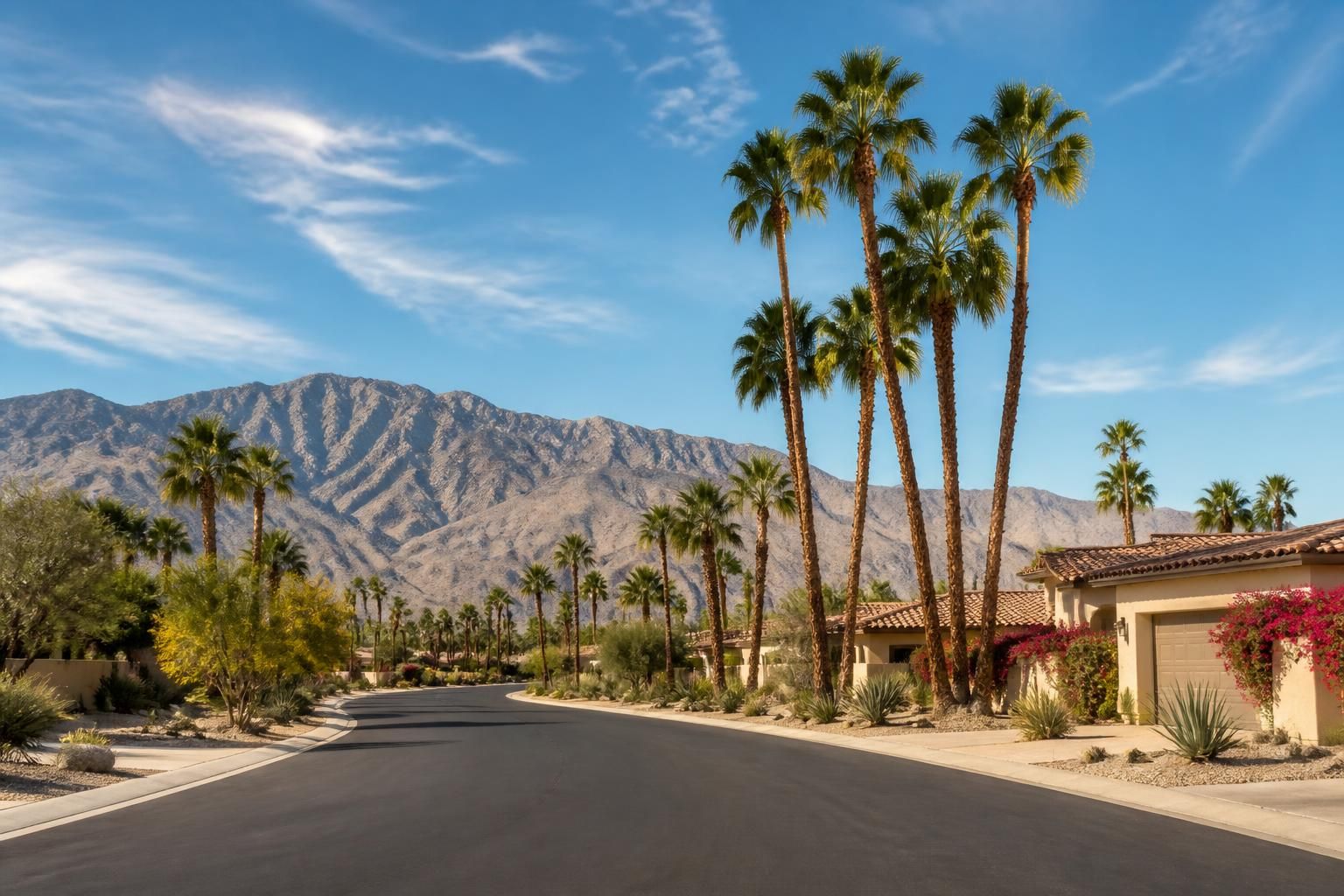 Desert landscape with clustered palms and open roadway.