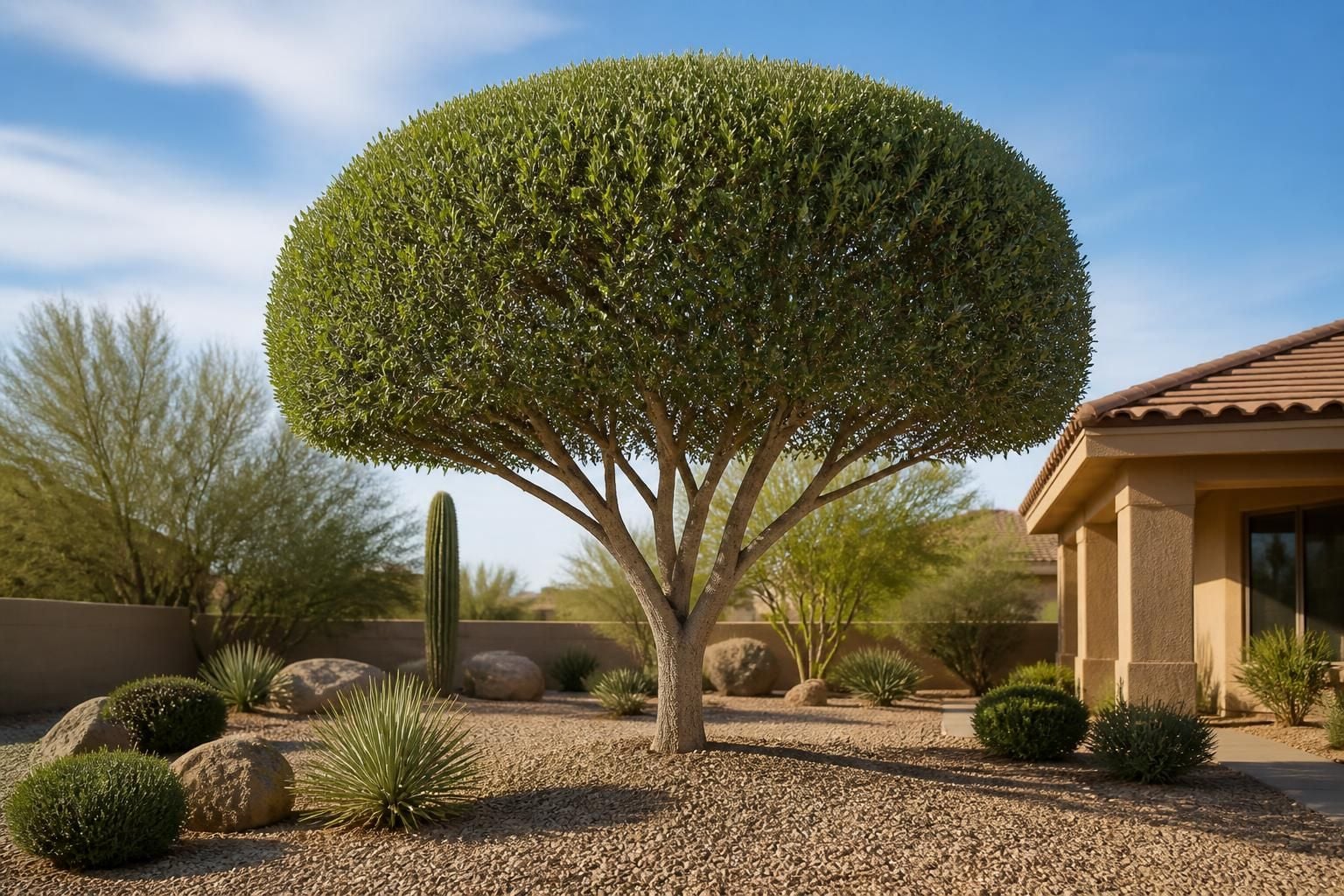 Cleanly trimmed tree canopy in a desert yard.